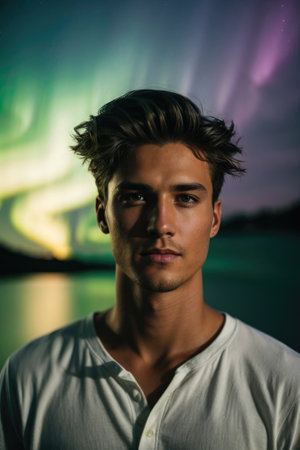 portrait of young handsome man in winter clothes in front of a spectacular Northern Lights - ai generative imageの素材
