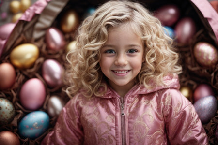 portrait of little blonde girl preparing easter party with many chocolate eggs in her pink house - ai generative imageの素材