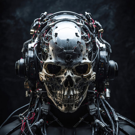 cyber robot skull with prosthetics and technological wiring in the head to give life - ai generative imageの素材
