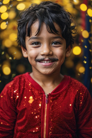 portrait of little child with mustache posing with stage clothes in a circus environment - ai generative imageの素材