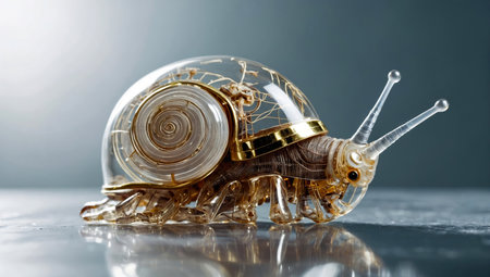 cybernetic transparent snail with lights and electrical terminations and porcelain shell walking on a shiny surface - ai generative imageの素材