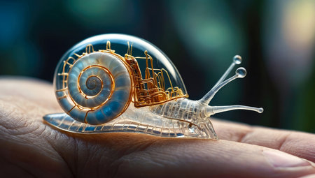 cybernetic transparent snail with lights and electrical terminations and porcelain shell nestled in the palm of a human hand - ai generative imageの素材