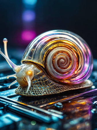 cybernetic transparent snail with lights and electrical terminations and porcelain shell walking on a shiny surface - ai generative imageの素材