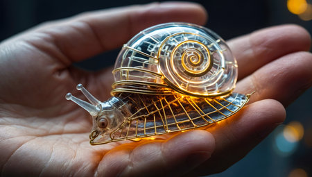 cybernetic transparent snail with lights and electrical terminations and porcelain shell nestled in the palm of a human hand - ai generative imageの素材