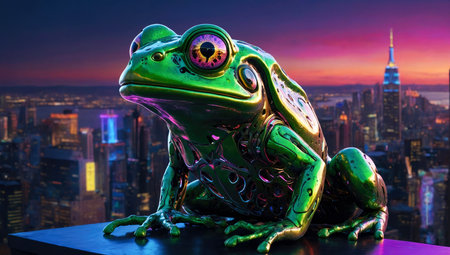closeup of cybernetic transparent shiny frog with lights and chips and electrical terminations inside in a city street at night - ai generative imageの素材