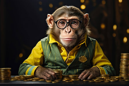 cool gorilla with glasses counting gold coins in his office - ai generative imageの素材