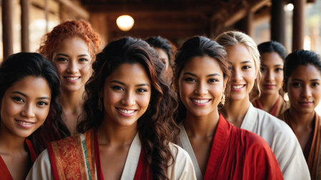 smiling group of multiracial women friends posing in ethnic casual clothes - ai generative imageの素材
