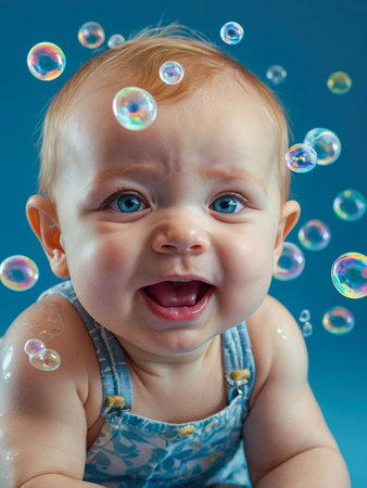 little smiling baby playing among a thousand soap bubbles on a light blue background - ai generative imageの素材