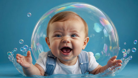little smiling baby playing among a thousand soap bubbles on a light blue background - ai generative imageの素材