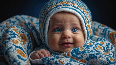 portrait of a little smiling baby with blue eyes wrapped in a soft warm blanket - ai generative imageの素材