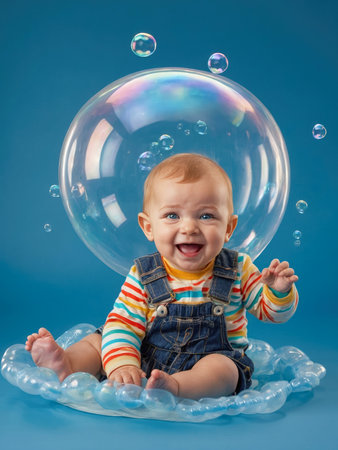 little smiling baby playing among a thousand soap bubbles on a light blue background - ai generative imageの素材