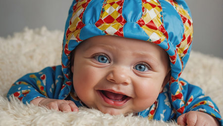 portrait of a little smiling baby with blue eyes wrapped in a soft warm blanket - ai generative imageの素材