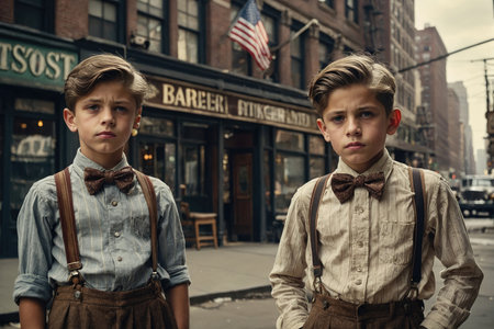 portrait of 10 year old children elegantly dressed in front of a barber shop in the streets of New York in the early twentieth century - ai generative imageの素材