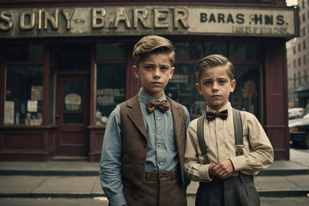 portrait of 10 year old children elegantly dressed in front of a barber shop in the streets of New York in the early twentieth century - ai generative imageの素材