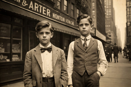 portrait of 10 year old children elegantly dressed in front of a barber shop in the streets of New York in the early twentieth century - ai generative imageの素材