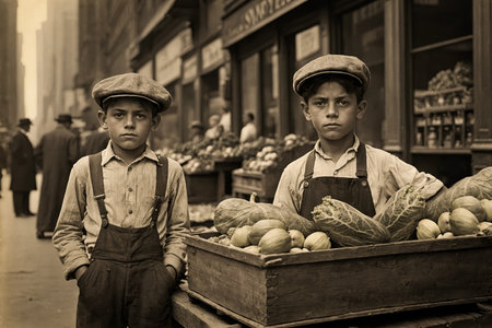 portrait of poor 10 year old children in front of a fruit shop in the streets of New York in the early twentieth century - ai generative imageの素材