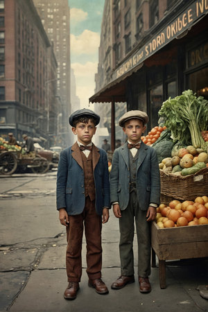 portrait of poor 10 year old children in front of a fruit shop in the streets of New York in the early twentieth century - ai generative imageの素材