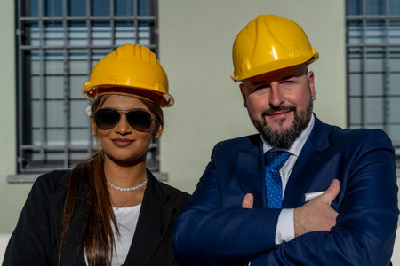 portrait of two young smiling business people male and female working outdoors wearing yellow safety helmetの写真素材