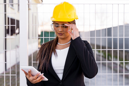young business woman working using mobile phone outdoors wearing protective yellow helmet and transparent work glassesの写真素材