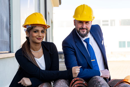 portrait of two young smiling business people male and female working outdoors wearing yellow safety helmetの写真素材