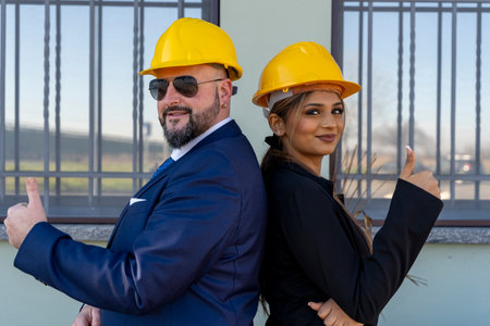 portrait of two young smiling business people male and female wearing yellow safety helmetの写真素材