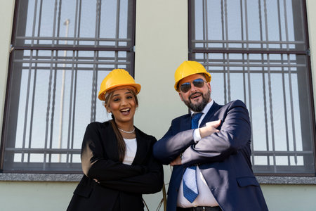 portrait of two young smiling business people male and female working outdoors wearing yellow safety helmetの写真素材