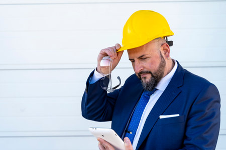 portrait of bearded businessman working outdoors using tablet wearing yellow protective helmet on white backgroundの写真素材