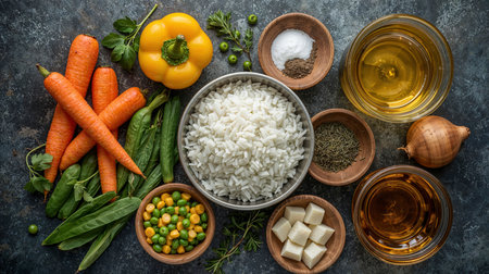top view of a wooden table laden with fresh and appetizing healthy Mediterranean food - ai generative imageの素材