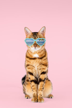 Bengal cat in glasses looks at the camera on a pink background, front view.の写真素材
