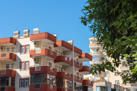 Corner building of a residential area of the city. Beautiful Turkish architecture.の写真素材