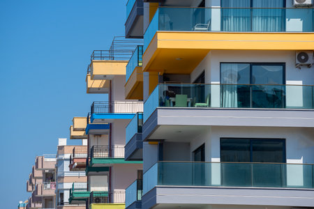A number of buildings standing next to each other. From new to old. Focus in the foreground.の写真素材