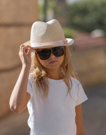 Portrait of a kid in a white t-shirt, hat and sunglasses in sunny weather.の写真素材