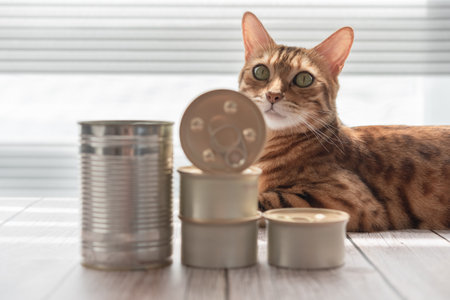 A domestic cat lies behind metal cans.の写真素材