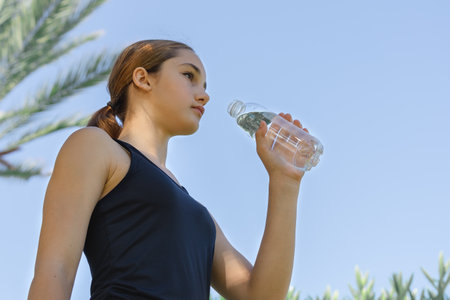 Low angle view of a young girl drinking water from a plastic bottle against a blue sky.