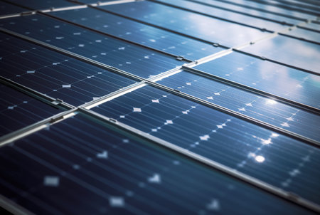 Row of solar panels close up. selective focus.の素材