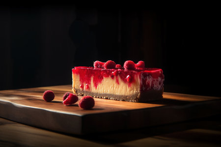 A piece of cheesecake with raspberries on a wooden stand on a dark background.の素材