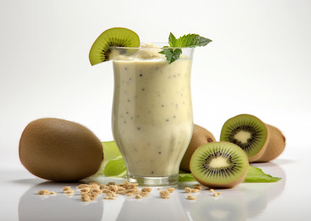 Smoothie from kiwi in a glass glass on a white background.の素材