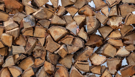 Firewood stacked in a pile. Chopped logs. background.の写真素材