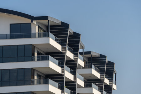 Modern urban architecture. Detail of a residential apartment building. Residential property outside.の写真素材