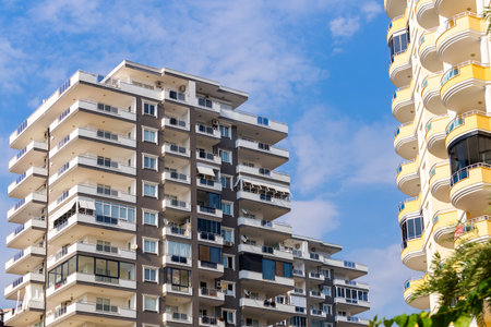 Residential area of the city with apartment buildings. Inhabited buildings. urban architecture. residential properties.の写真素材