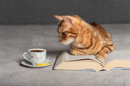 A domestic cat lies on a book next to a hot cup of tea.の写真素材