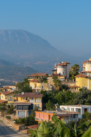View of the cottage village in the suburbs of Alanya. Evening time.の写真素材