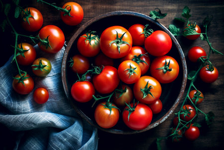 Ripe red tomatoes on a wooden surface. flat lay.の素材