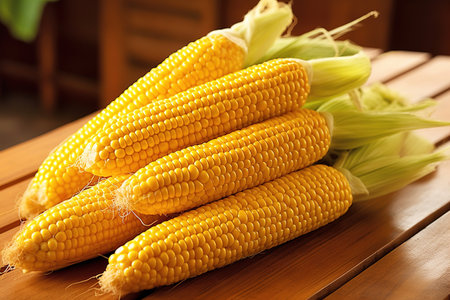 Close-up ripe corn cobs lying on a wooden table.の素材