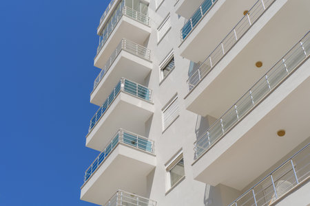 Residential apartment building. blue sky. Sunny day.の写真素材
