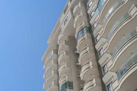 Residential apartment building. blue sky. Sunny day.の写真素材