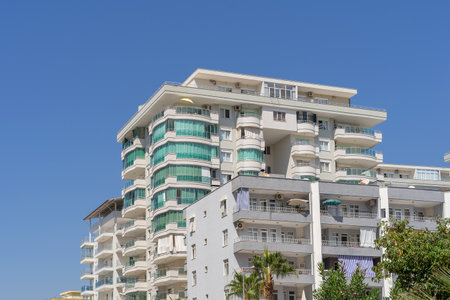 Residential area with apartment buildings. Sunny day.の写真素材