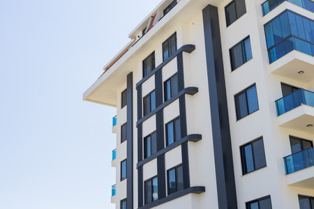 Residential apartment building. blue sky. Sunny day.の写真素材