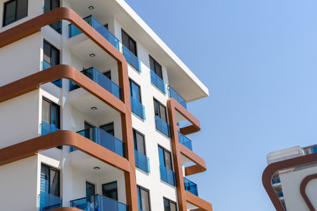 Residential apartment building. blue sky. Sunny day.の写真素材