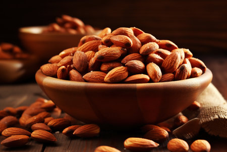 Roasted and salted almonds in a plate close-up.の素材